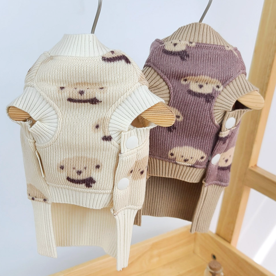 NKpup Puppy Knit Dog Vest in cream and mauve with cute bear pattern