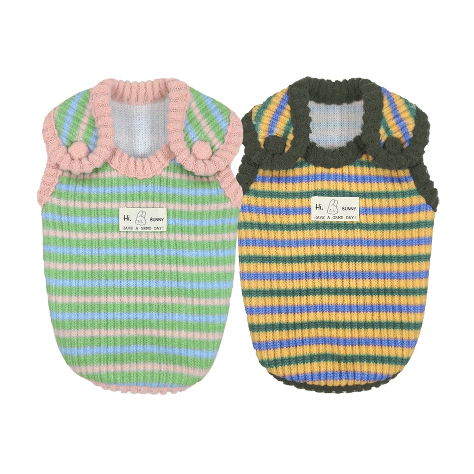 NKpup Stripe Knit Dog Vest in pastel green and yellow striped patterns with ruffle details
