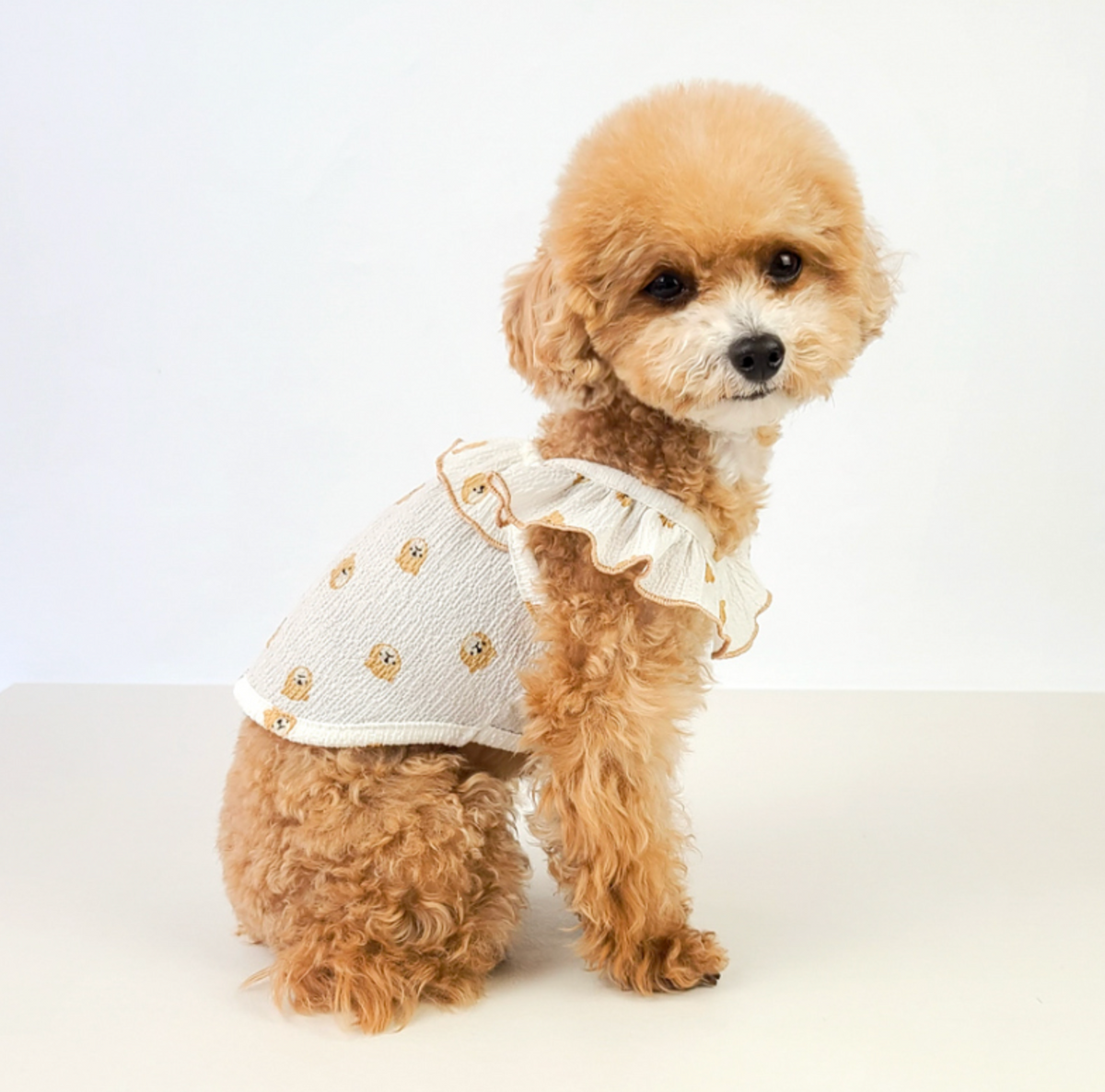 NKpup Wing Sleeveless white dog vest with ruffle trim and small yellow pattern