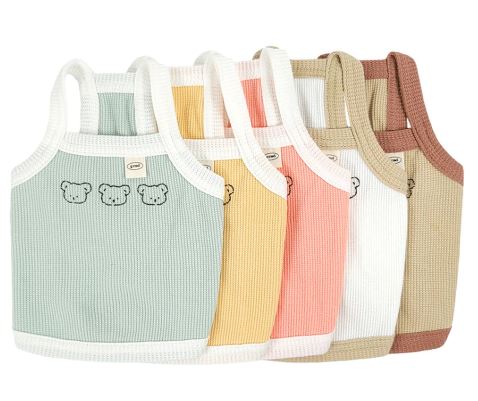 NKpup Waffle Bear Crop Top dog shirts in mint, yellow, pink, white, beige, and brown