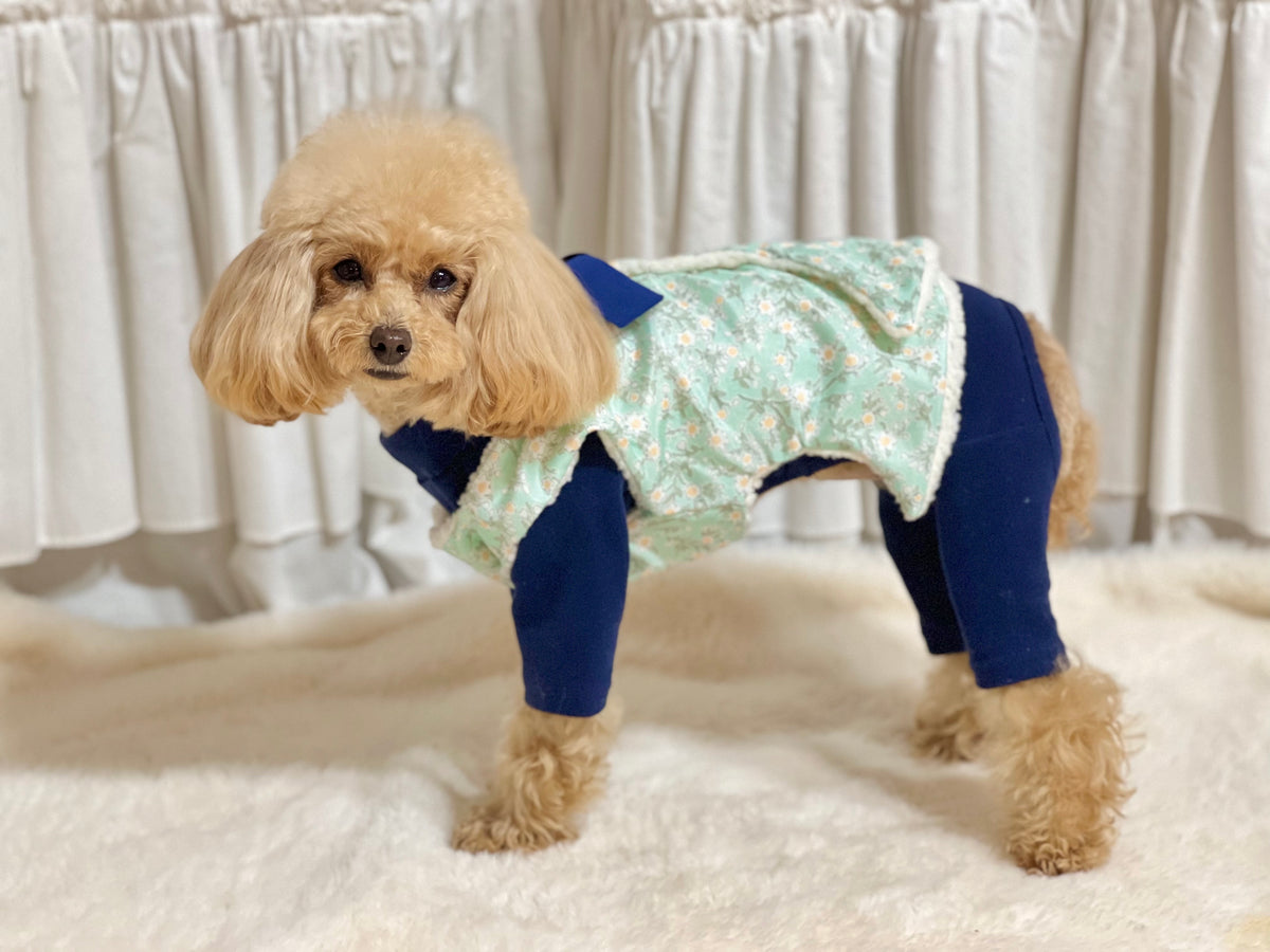 Floral fleece pet hanbok vest in mint green with navy blue trim and pants.