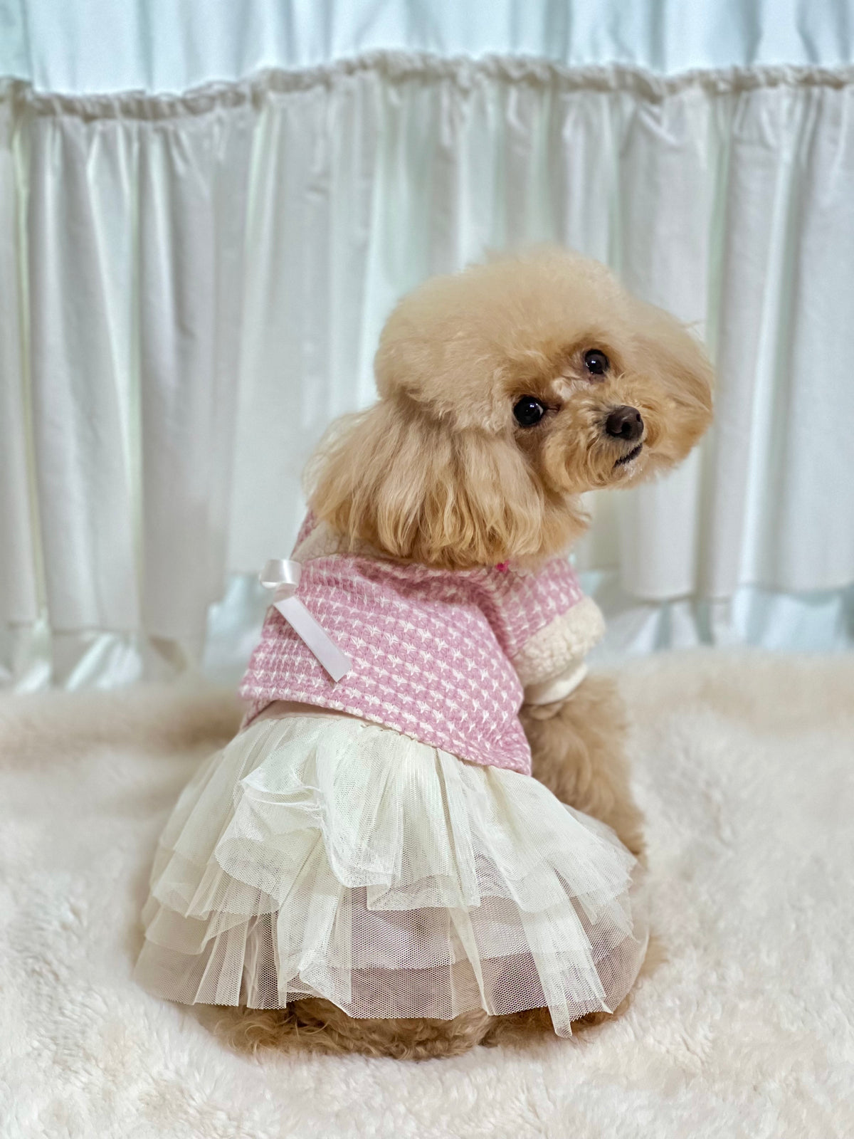 Pink and white houndstooth vest pet hanbok with a white tulle skirt.