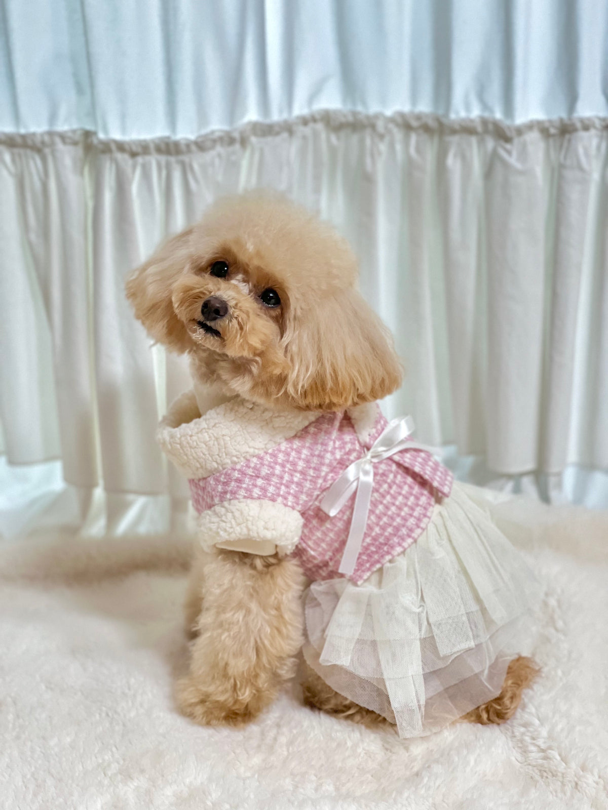 Pink and white houndstooth vest pet hanbok with a white tulle skirt and ribbon detail