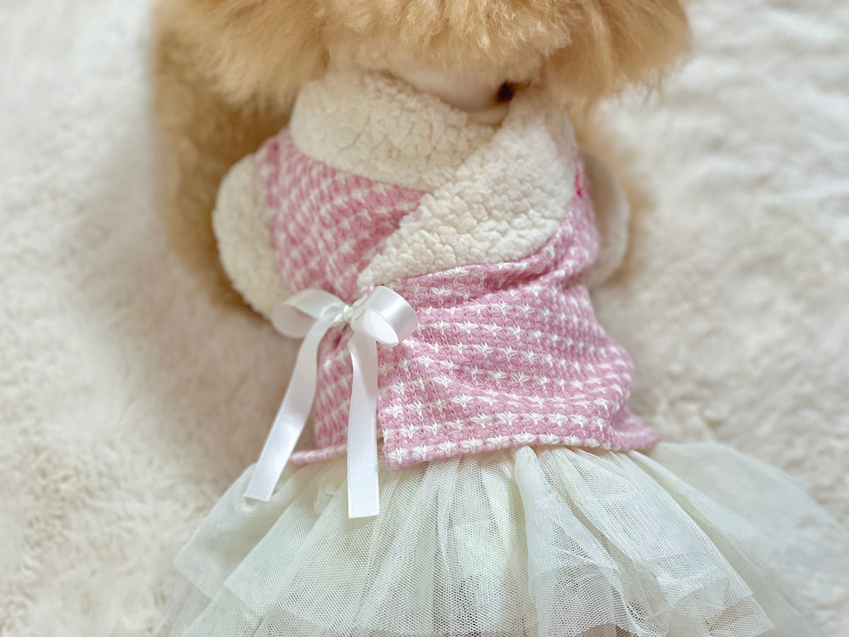 Pink and white houndstooth pattern pet hanbok vest with a white tulle skirt and bow detail.