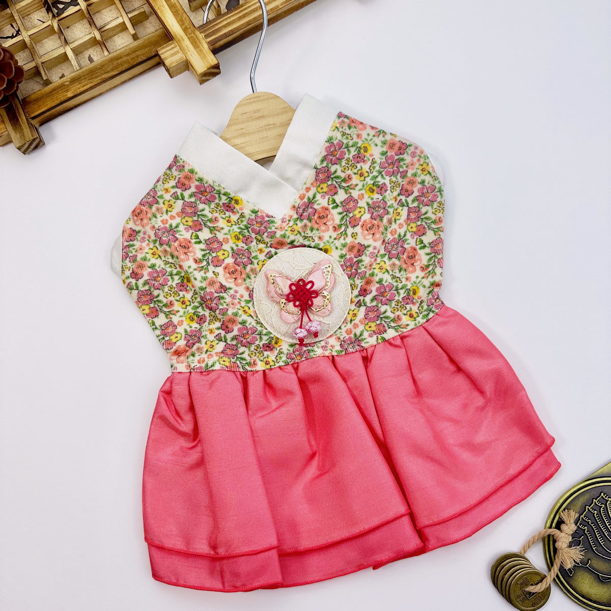 NKpup Retro Floral Pet Hanbok with a pink skirt and floral jeogori featuring a butterfly detail