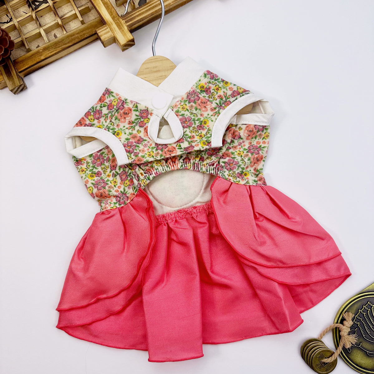 NKpup Retro Floral Pet Hanbok featuring a floral jeogori and a pink skirt