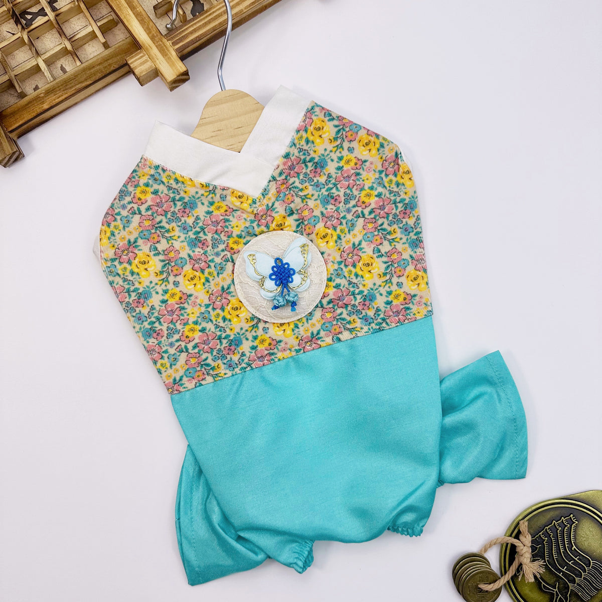 NKpup Retro Floral Pet Hanbok with a yellow floral pattern and turquoise bottom