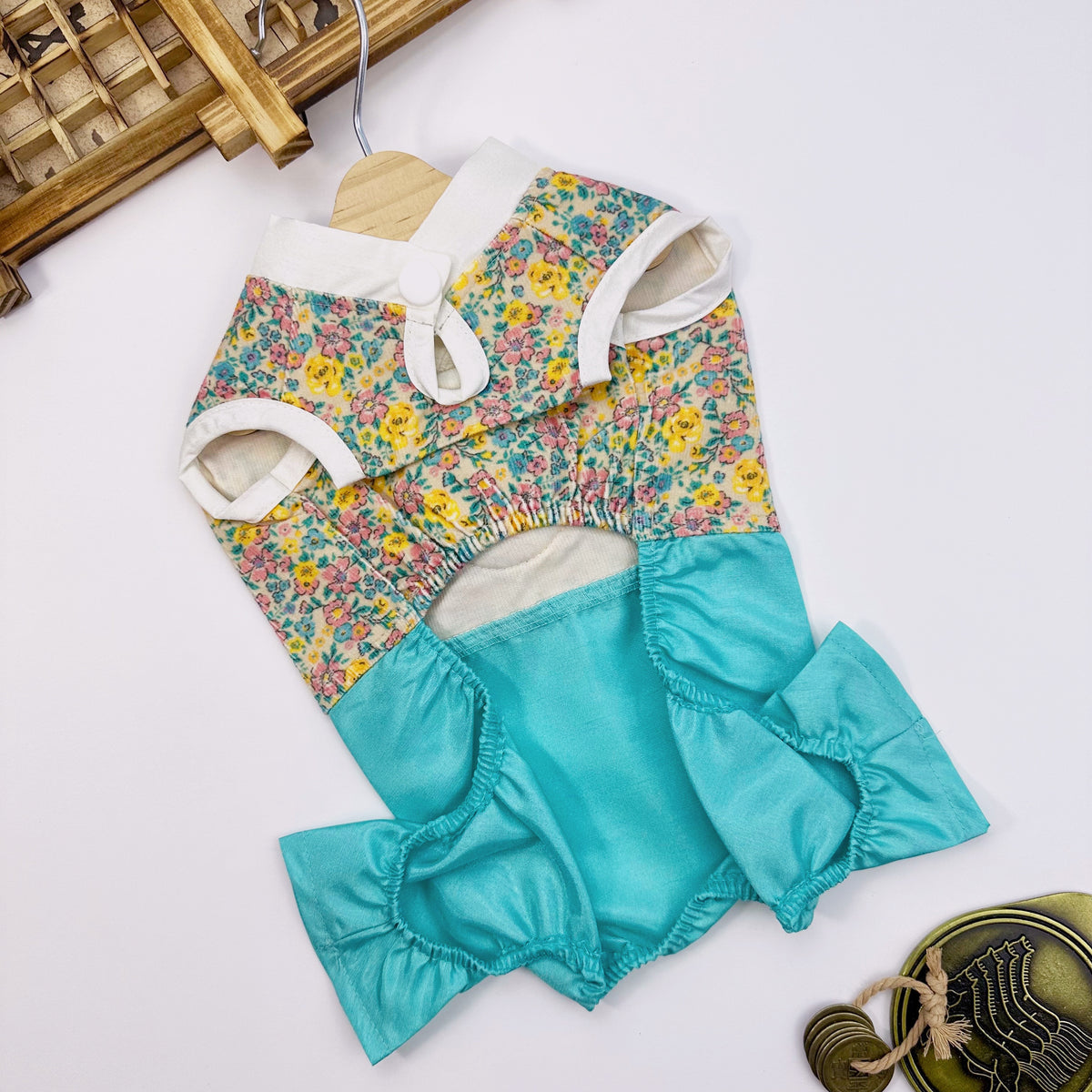 NKpup Retro Floral Pet Hanbok featuring a yellow floral top and teal blue bottom.