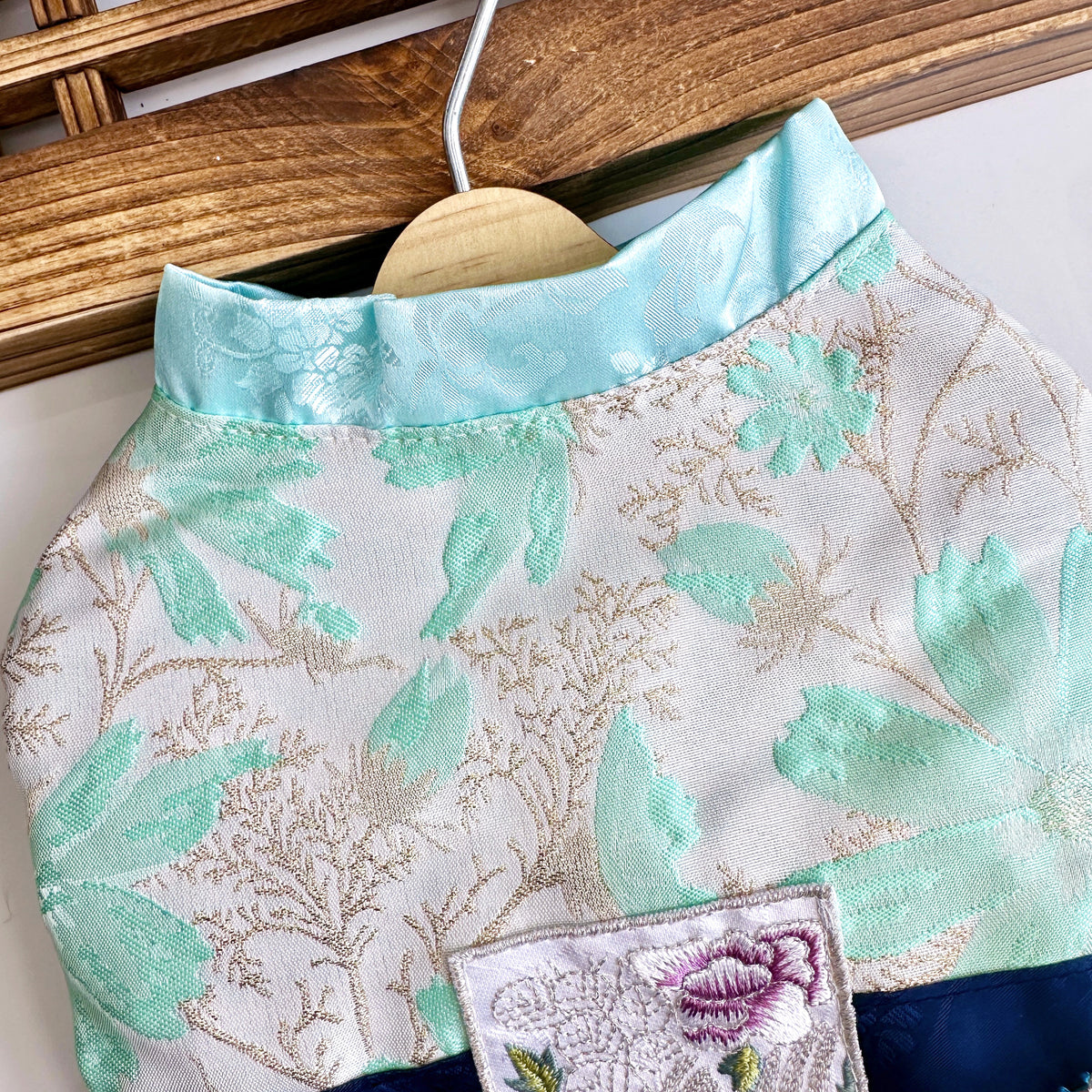 Flower Vest Pet Hanbok with mint floral patterns and embroidered rose detail by NKpup