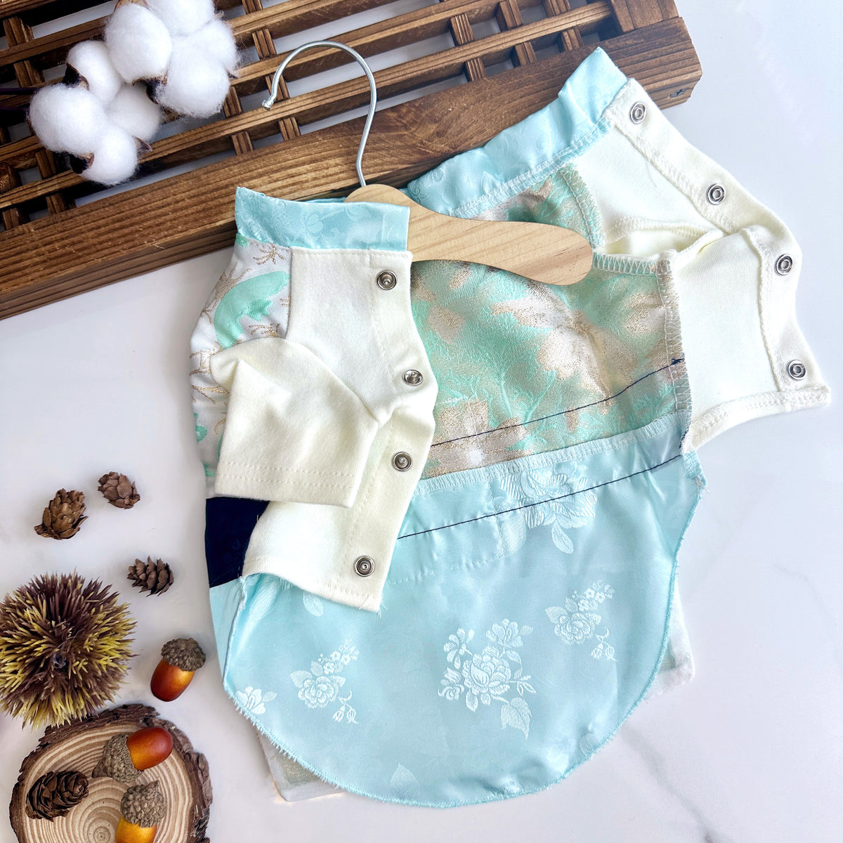 Light blue flower pattern pet hanbok vest with white trim