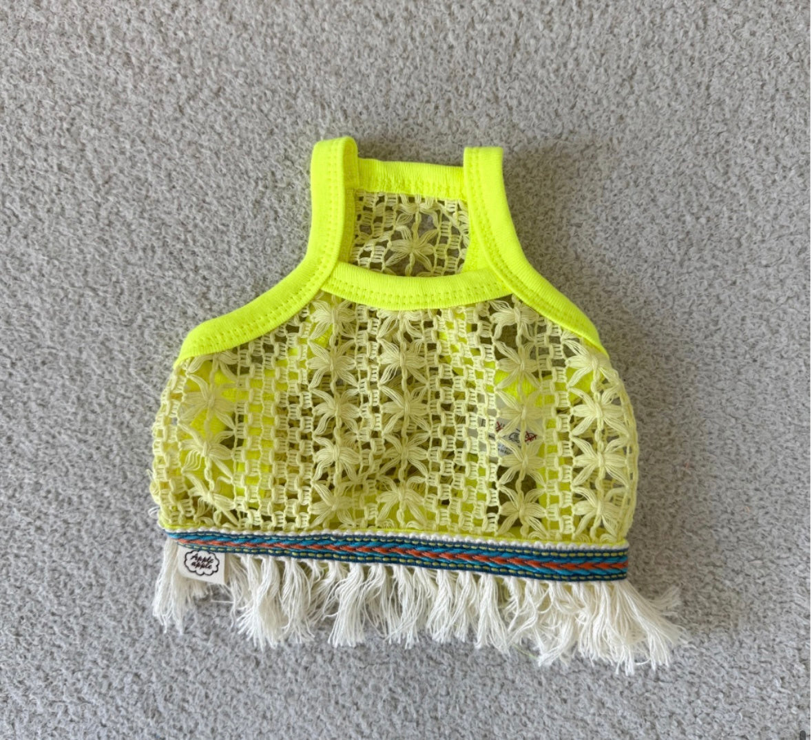 NKpup Daisy Crochet Dog Tank Top in neon yellow with a white fringed hem