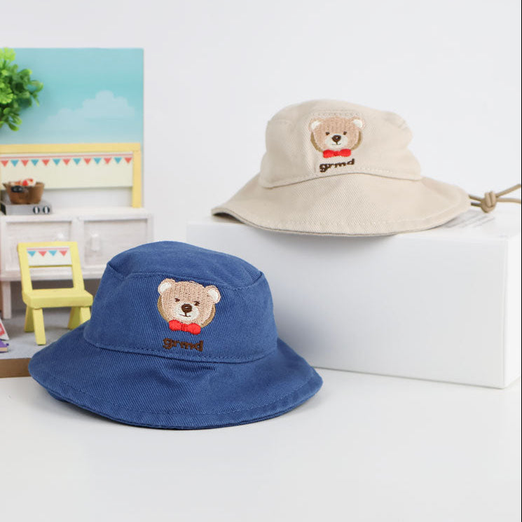 NKpup Bear Bucket Hats for pets in blue and beige with a bear embroidery design.