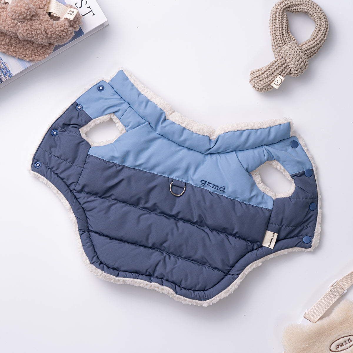 NKpup Reversible Snow Bear D-Ring Padded Dog Vest in blue with white sherpa lining