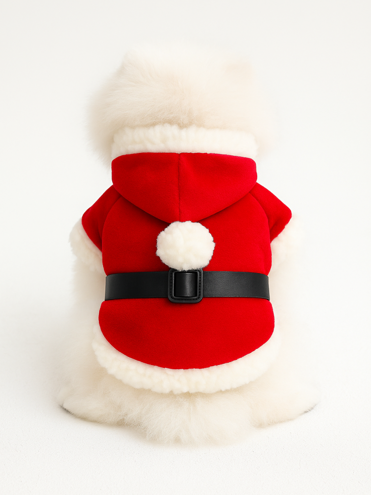 Red Santa Paws dog hoodie with white faux fur trim and a black belt detail.