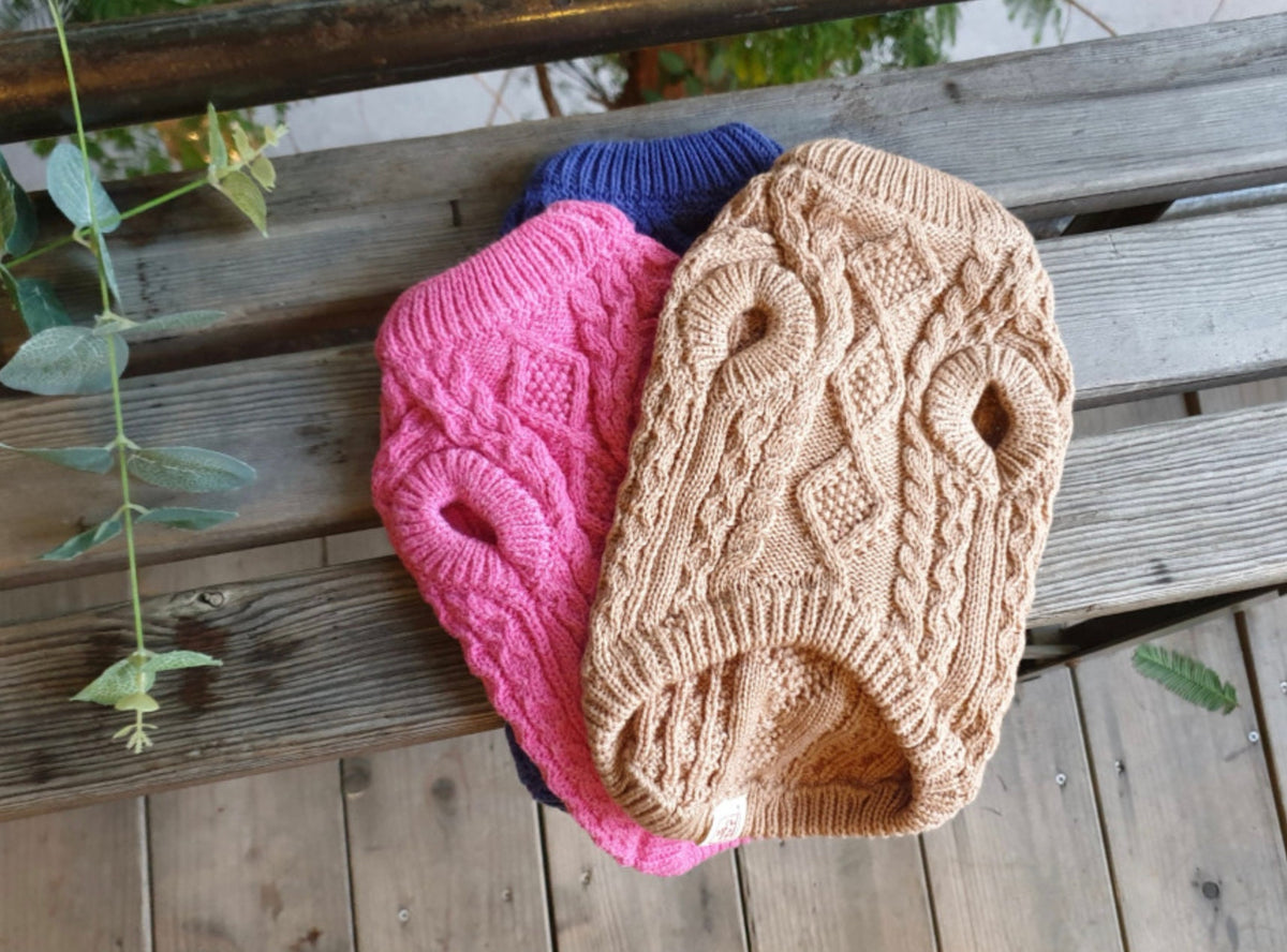 NKpup round cable knit dog vests in tan, pink, and navy blue