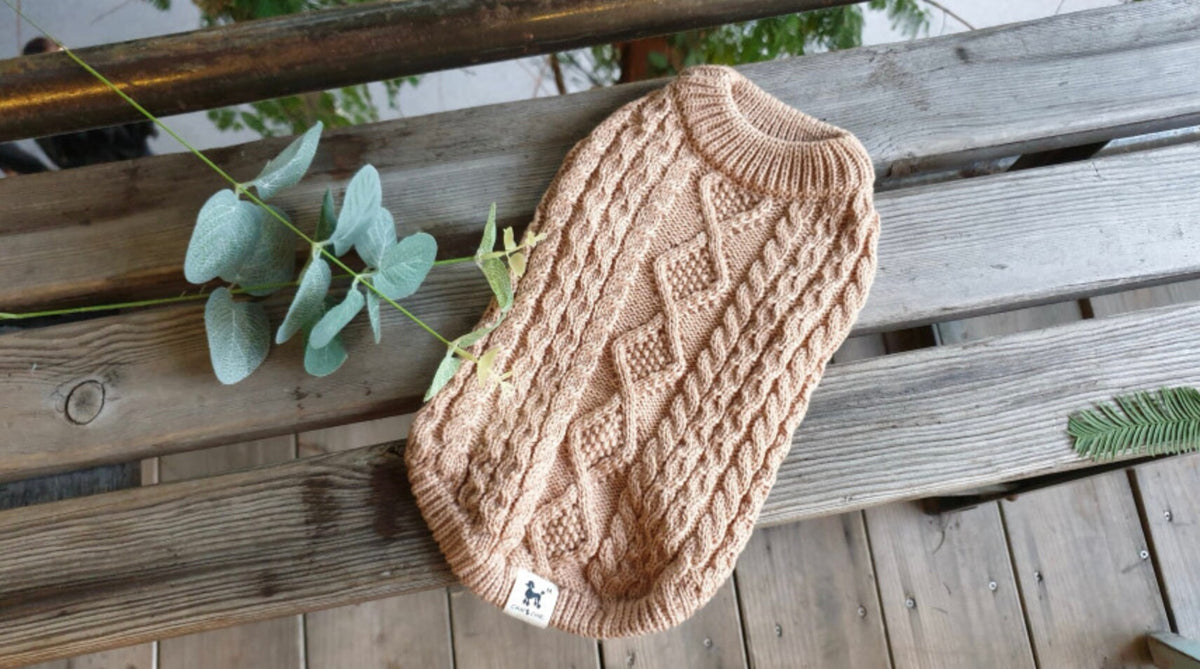 NKpup beige round cable knit dog vest with diamond pattern