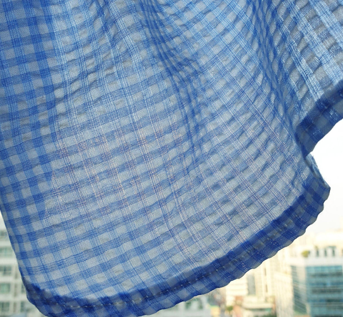 Blue gingham pattern vintage dog dress fabric detail