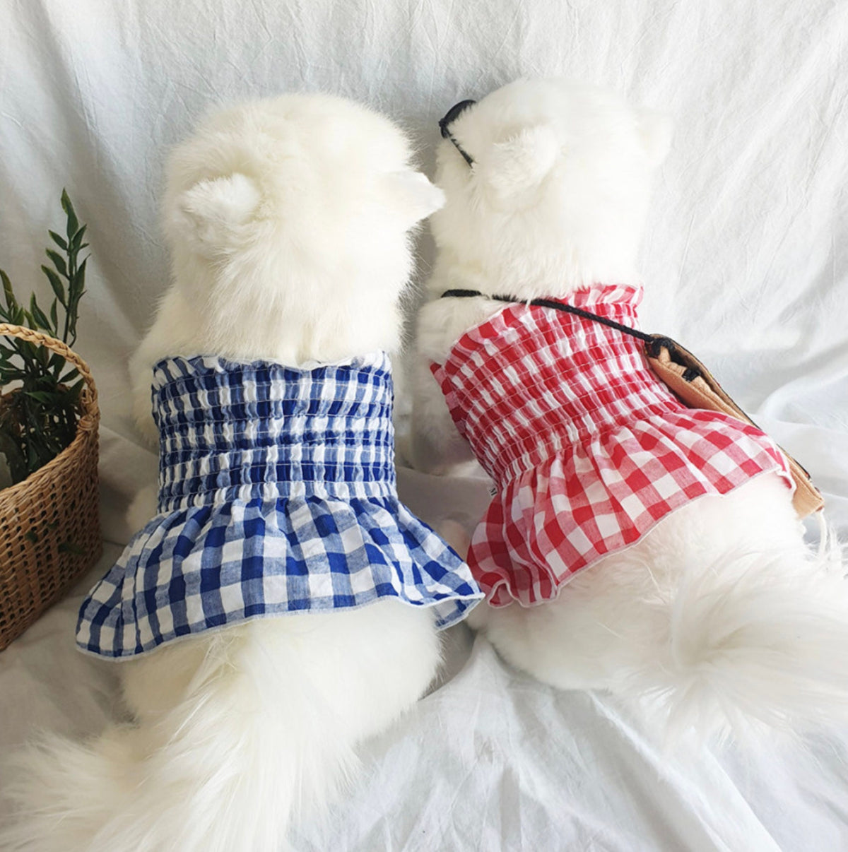 Blue gingham smocked dog dress and red gingham smocked dog dress by NKpup