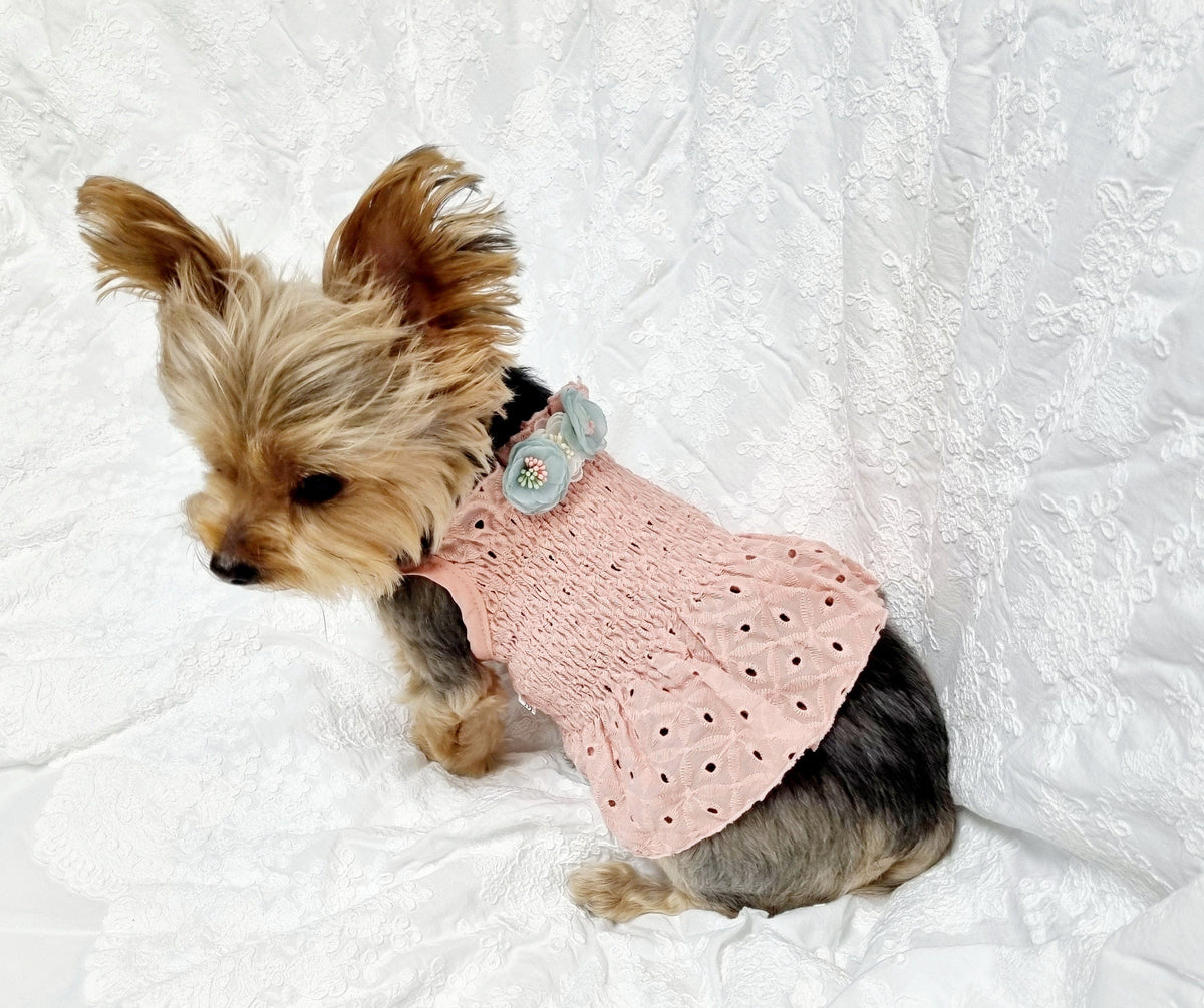 NKpup pink floral smocked dog dress with light blue flower accents