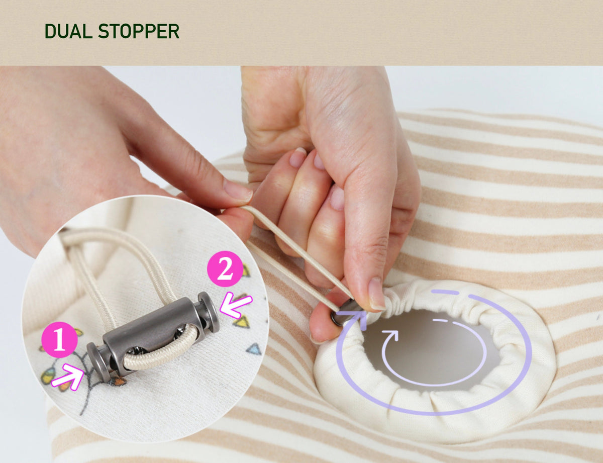 Dual stopper mechanism on a GOTS organic cotton cushion collar pet accessory by NKpup.