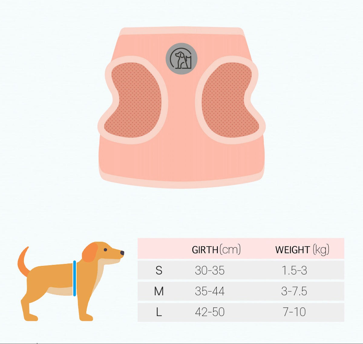 NKpup Cotton Mesh Harness size chart showing girth and weight measurements for small, medium, and large dogs.