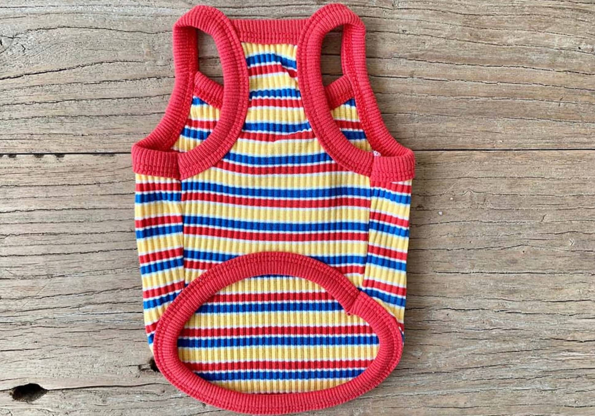 NKpup Stripe Ribbed Top dog shirt with red, blue, and yellow stripes