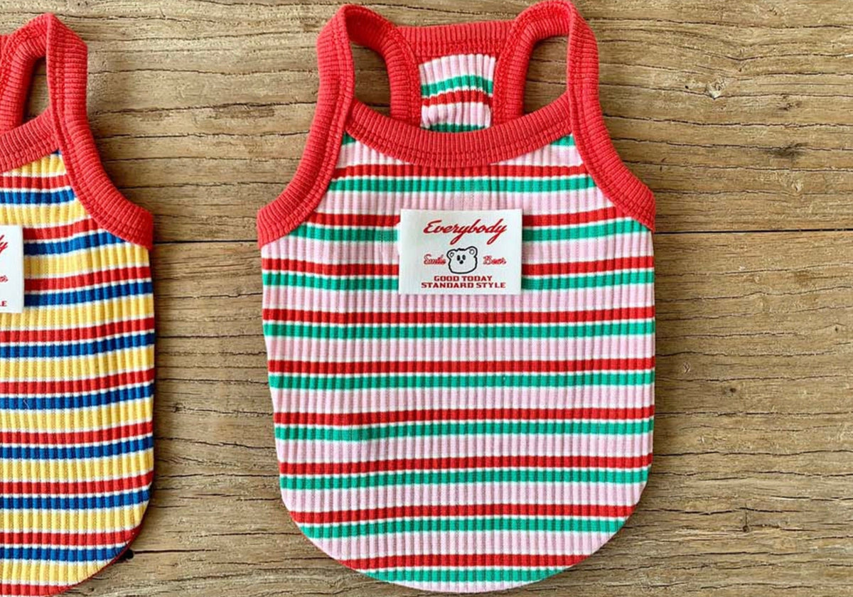 NKpup Stripe Ribbed Top dog shirt with pink, green, and red horizontal stripes