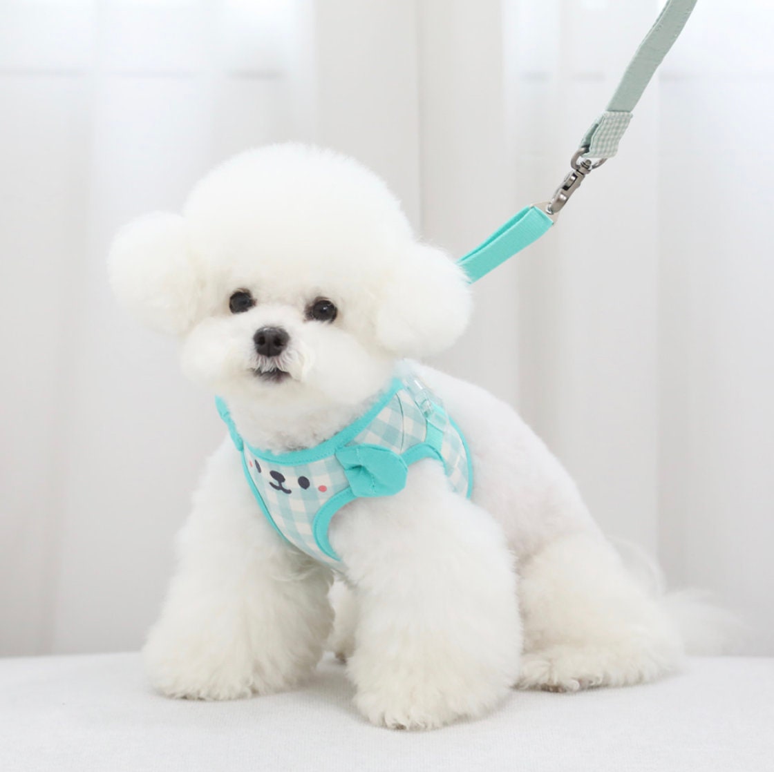NKpup light blue and white checkered cotton mesh dog harness