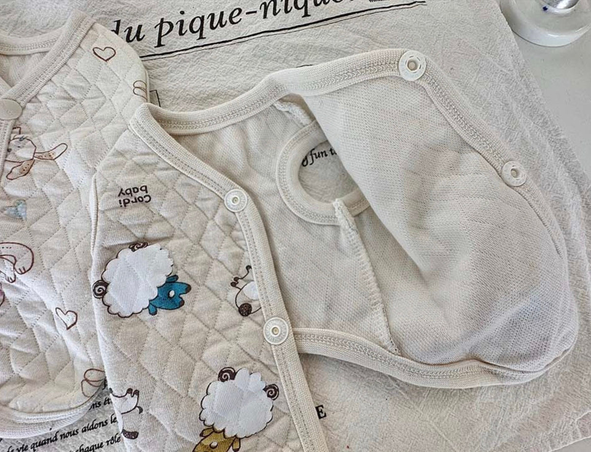 Cream cotton quilted dog vest with sheep pattern and snap button closure