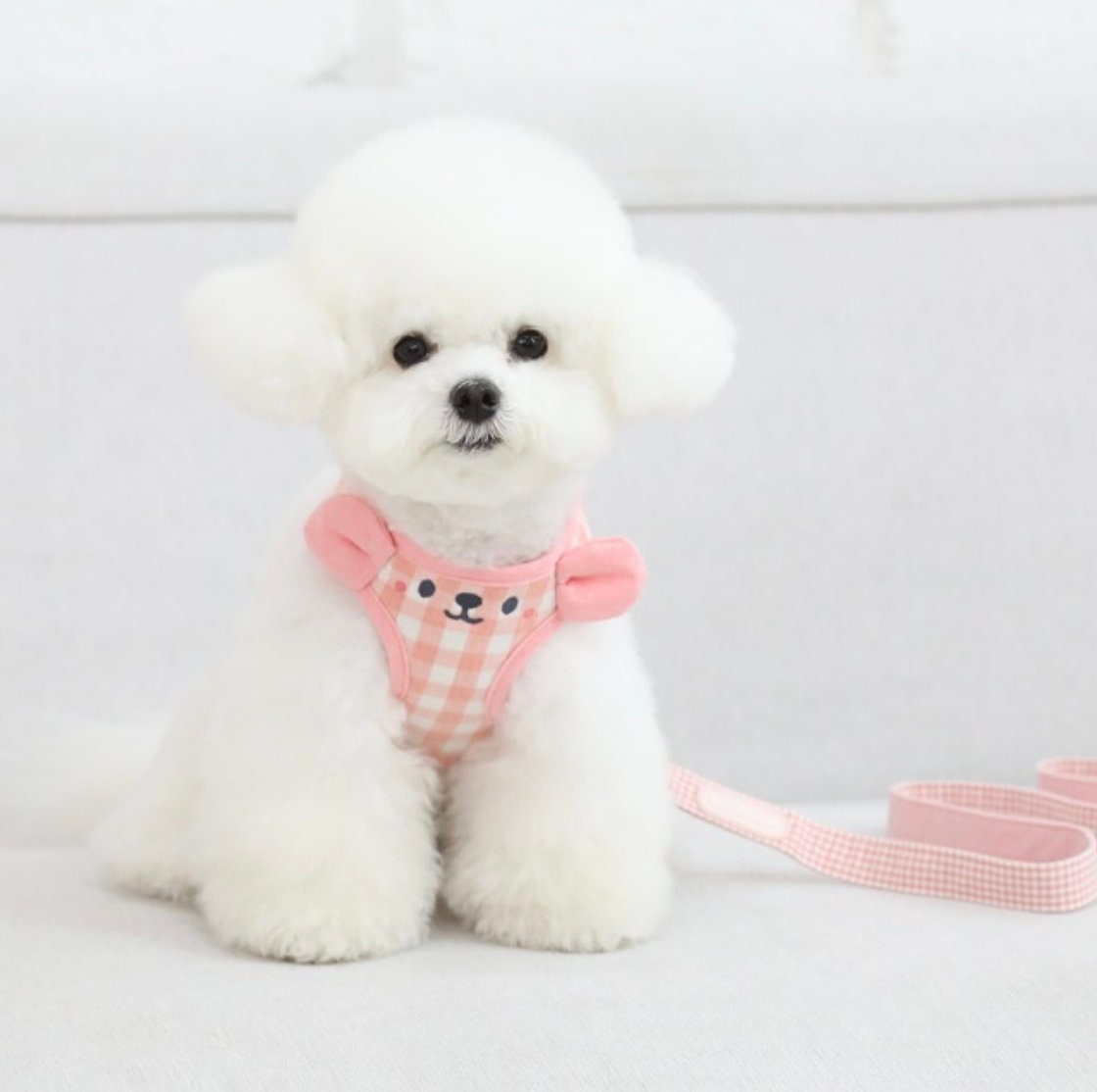 NKpup pink gingham pattern cotton mesh harness with decorative bow details