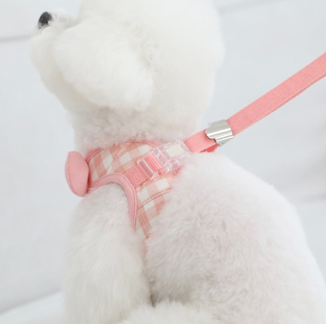 NKpup pink gingham cotton mesh dog harness with a decorative bow