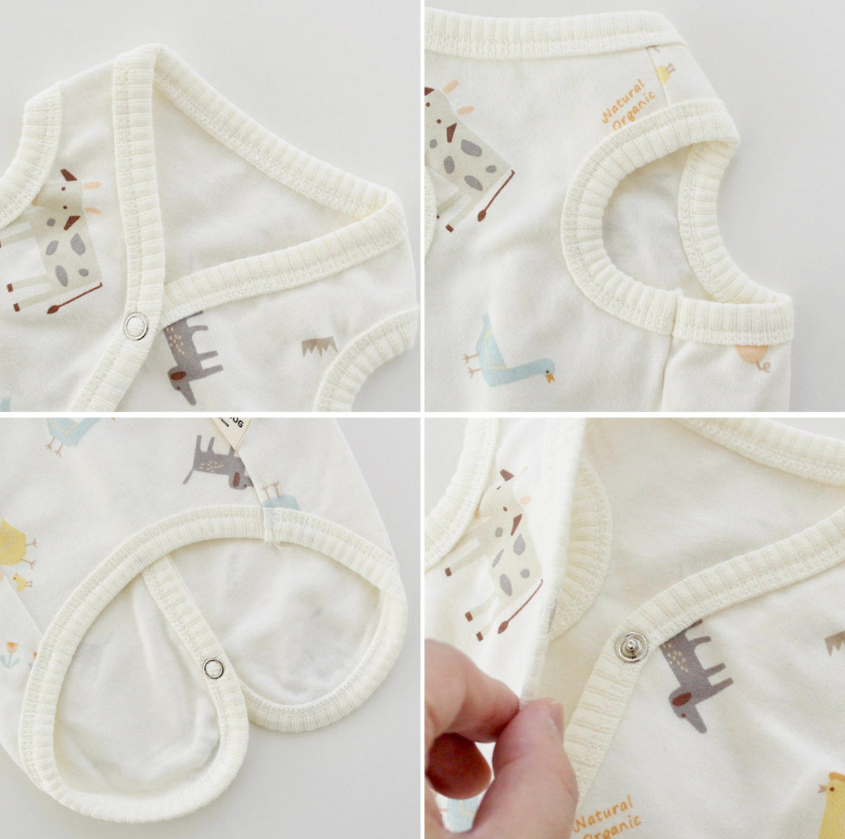 NKpup Organic Cotton Zoo Dog Vest in white with animal prints and snap button closures