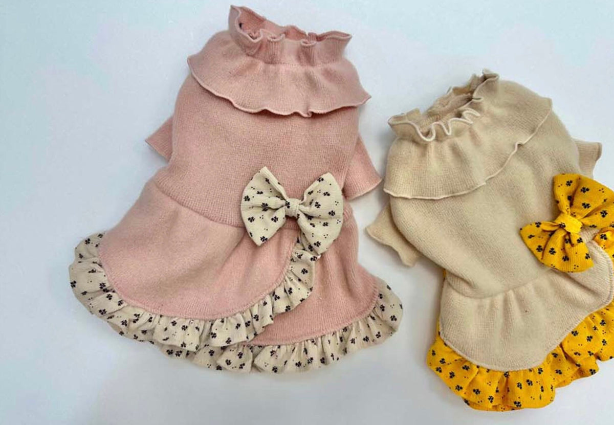 NKpup frilled ribbon dog dresses in pink and beige with floral accents