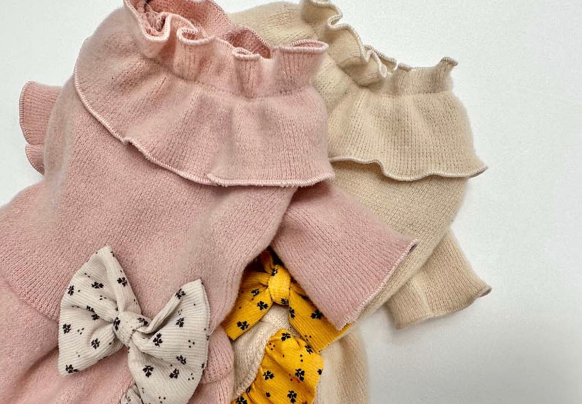 NKpup Frilled Ribbon Dog Dresses in pink and beige with decorative bows