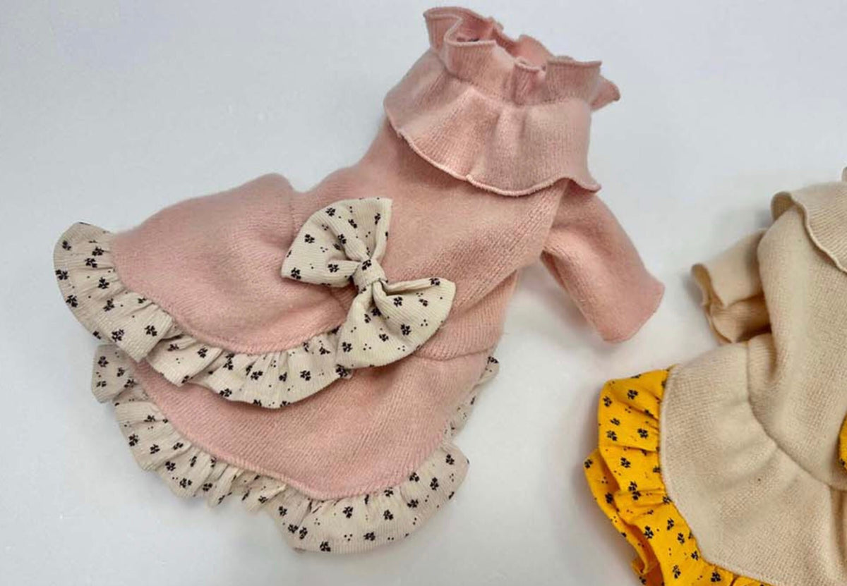 NKpup pink frilled ribbon dog dress with a floral bow and ruffled trim