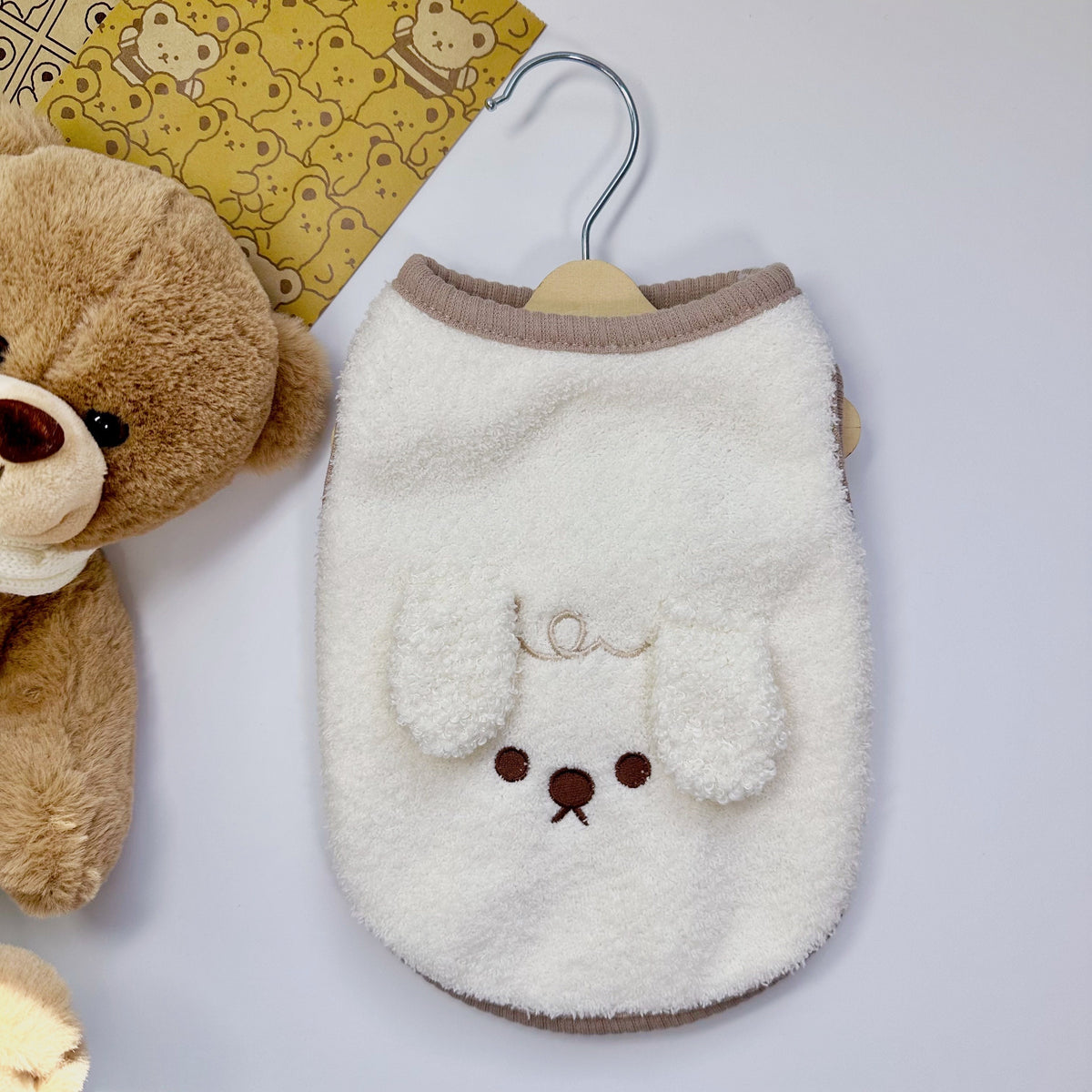 White downy fleece dog vest with cute puppy face embroidery and ears