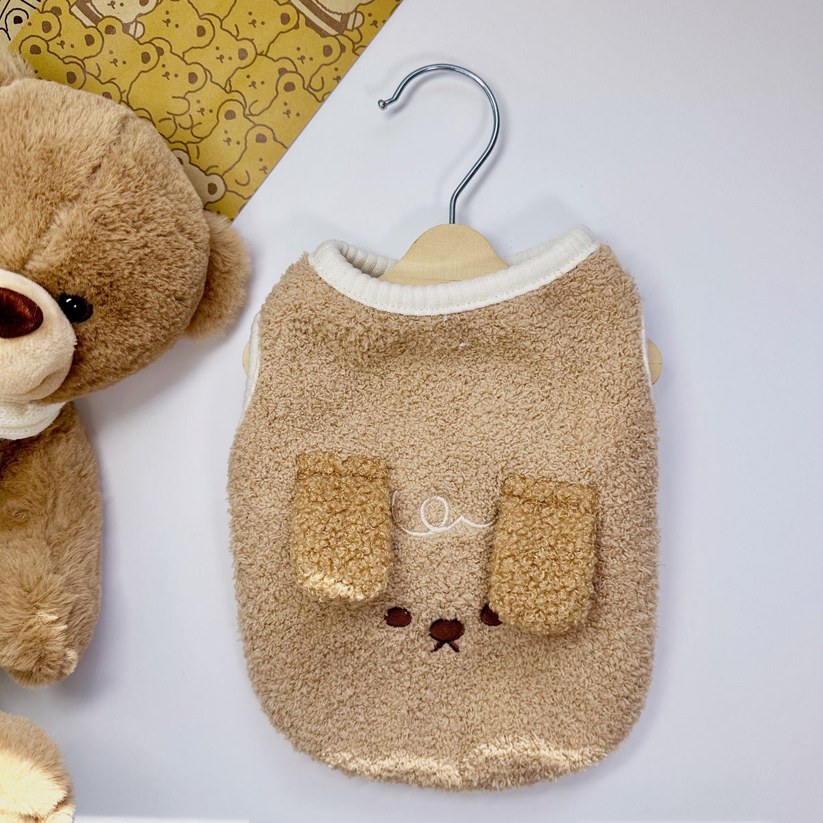 NKpup Downy Fleece Dog Vest in beige with cute bear face embroidery