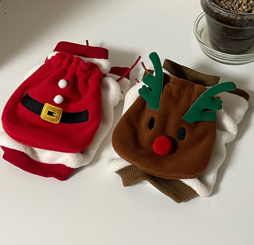 Christmas Santa and Rudolph themed dog sweatshirts in red and brown fleece.