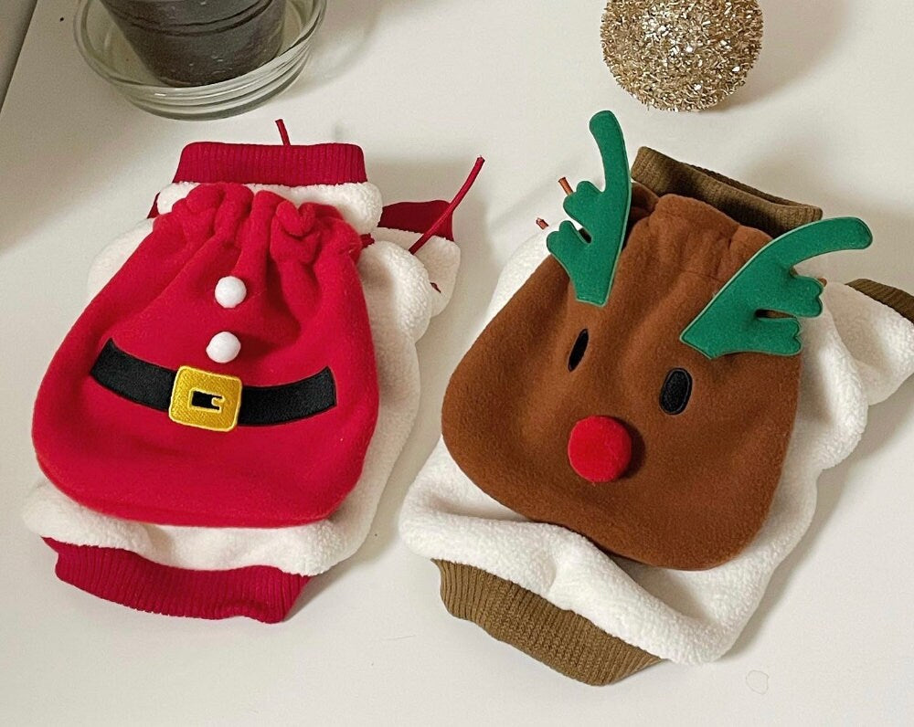 NKpup Christmas Santa and Rudolph dog sweatshirts in red and brown fleece.