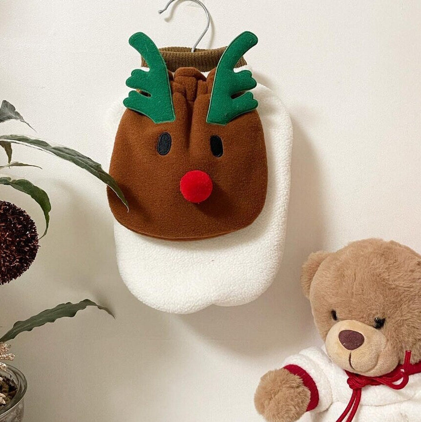 Christmas Rudolph reindeer themed dog sweatshirt in brown and white with green antlers and a red nose.