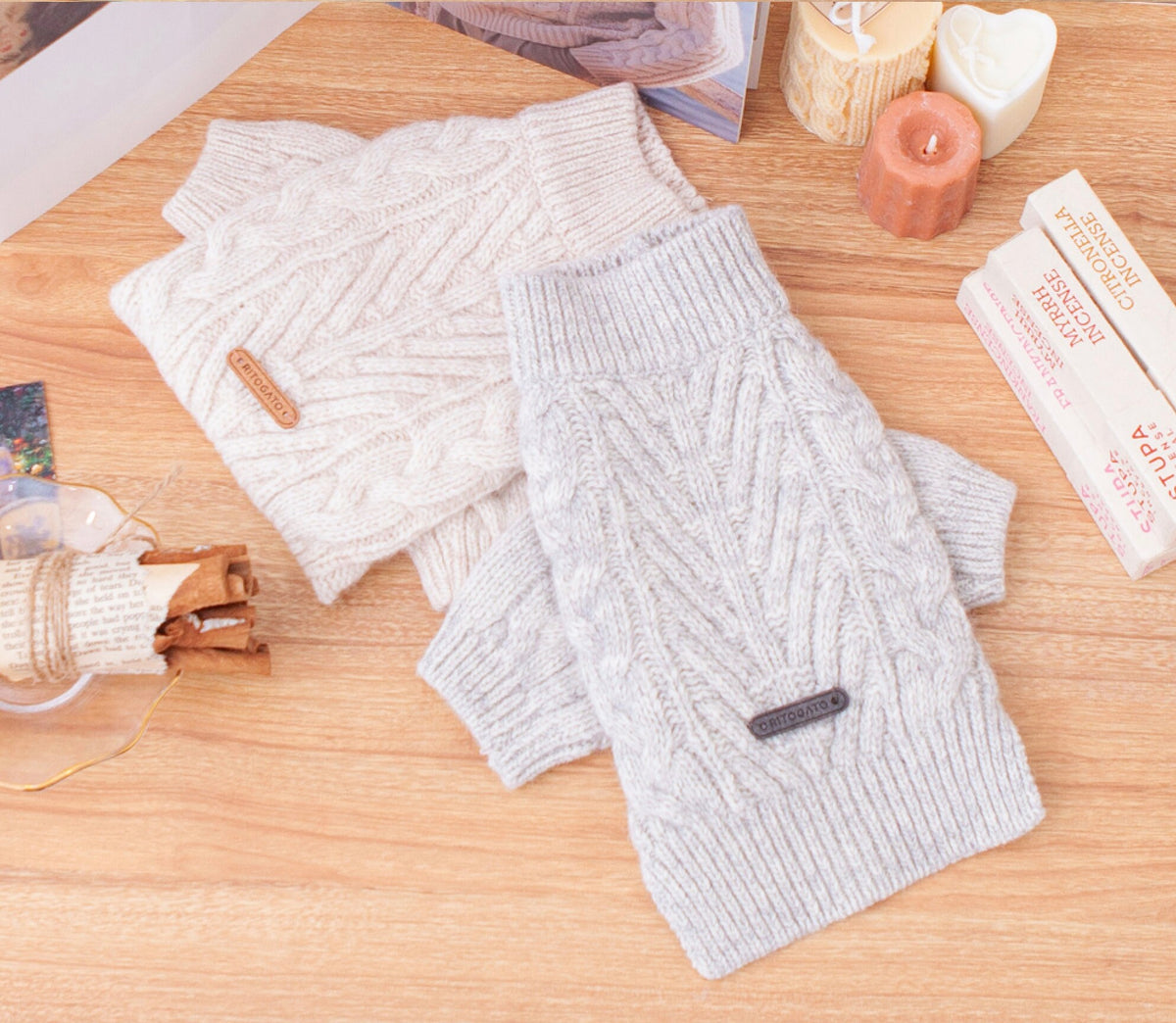 Toto Cable Knit Dog Sweater in cream and light grey colors.