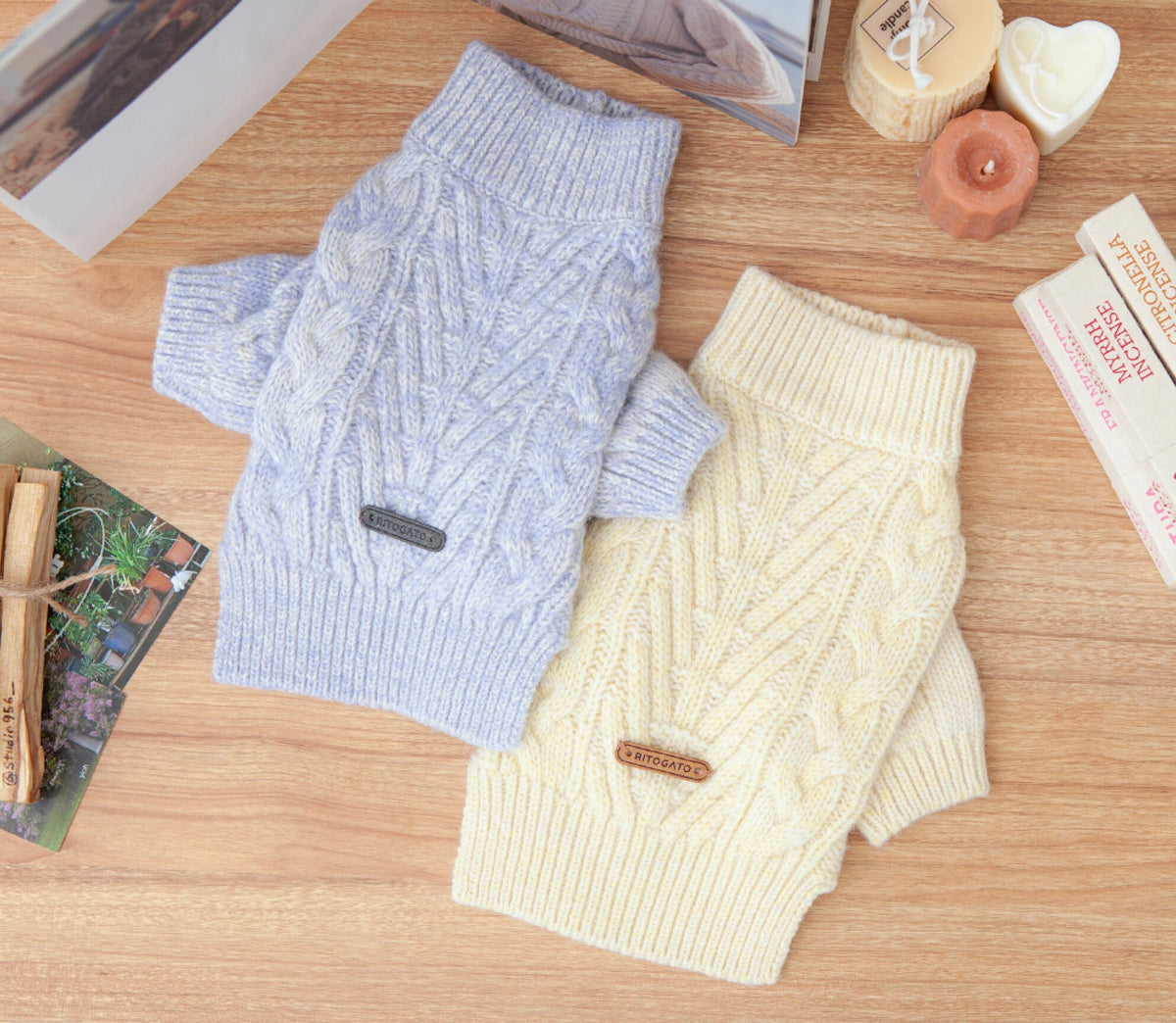 Toto Cable Knit Dog Sweater in light blue and cream