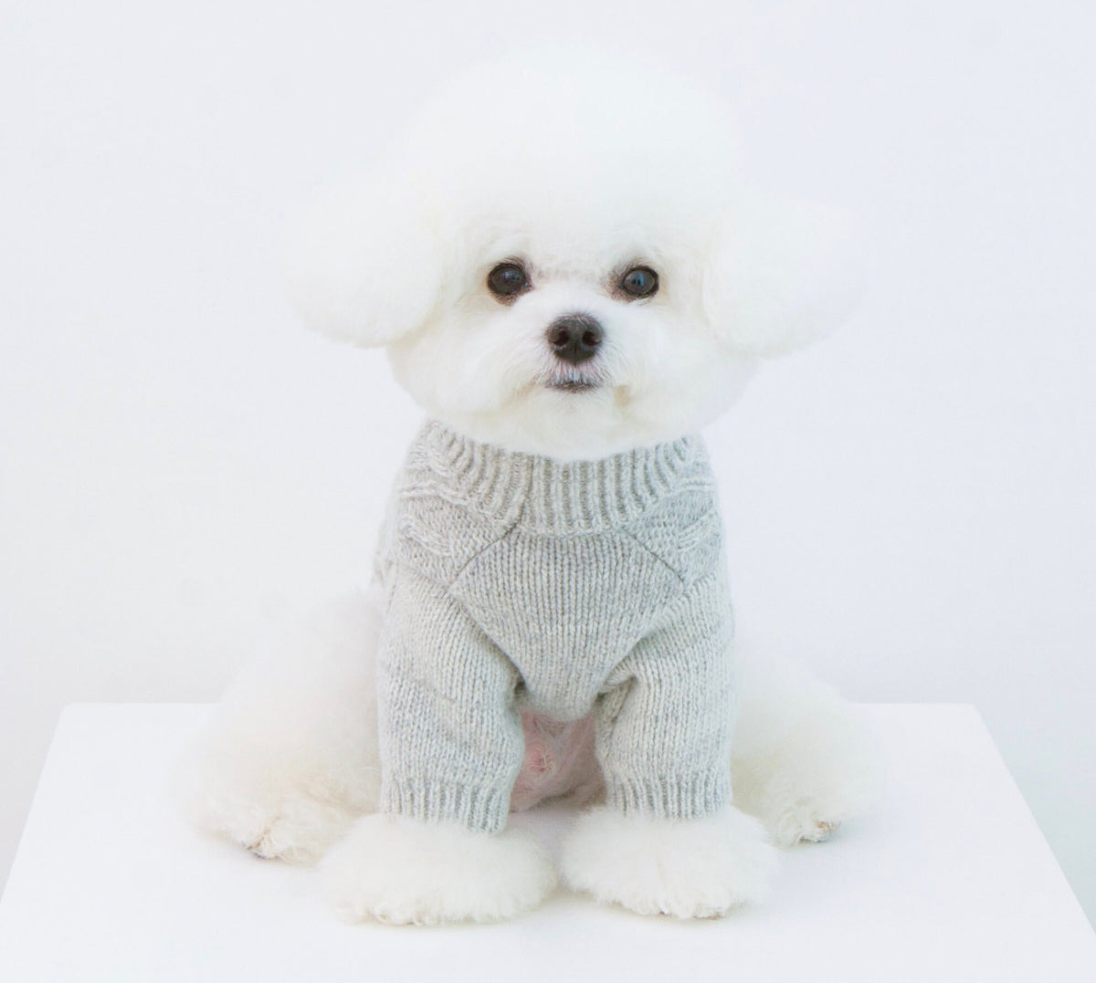 NKpup Toto grey cable knit dog sweater with a ribbed turtleneck