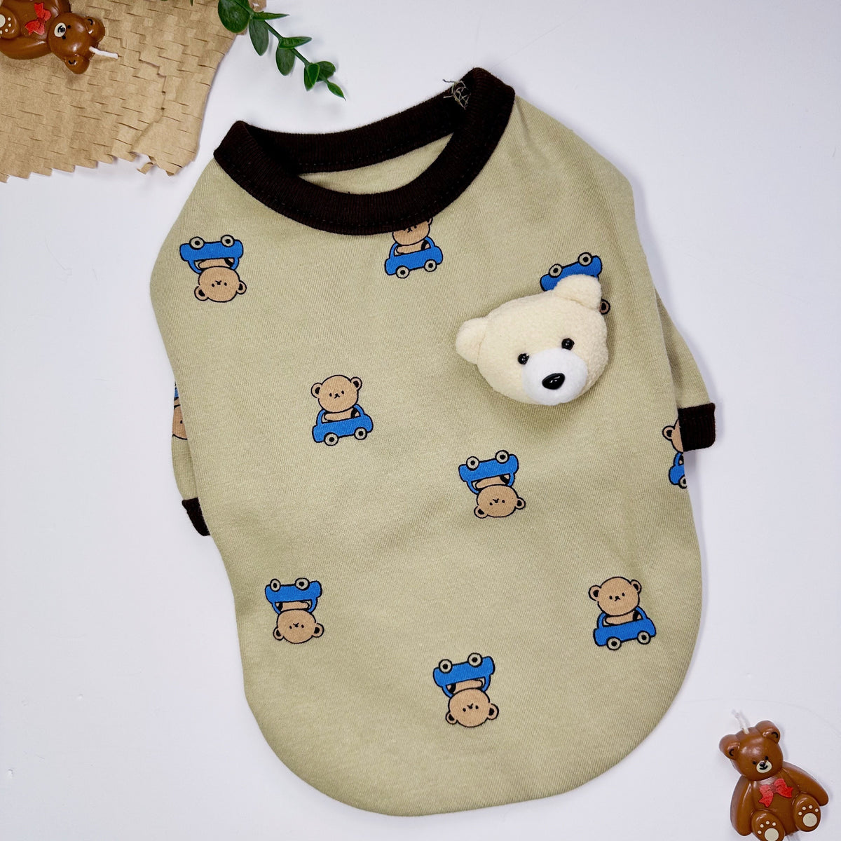NKpup Teddy Bear Brooch T-shirt for dogs in beige with blue car bear patterns