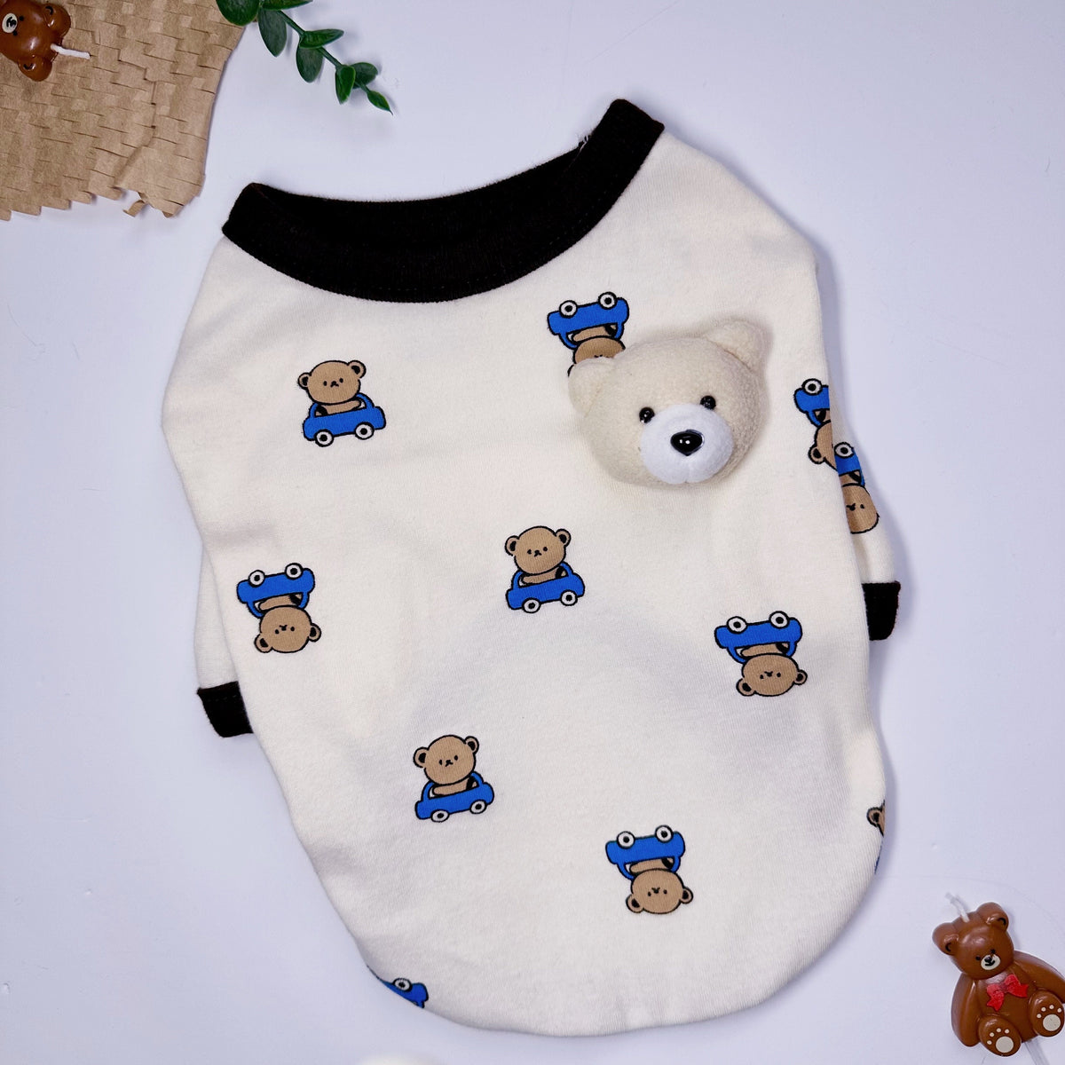 White Teddy Bear Brooch T-Shirt for dogs with a plush bear applique and blue bear pattern