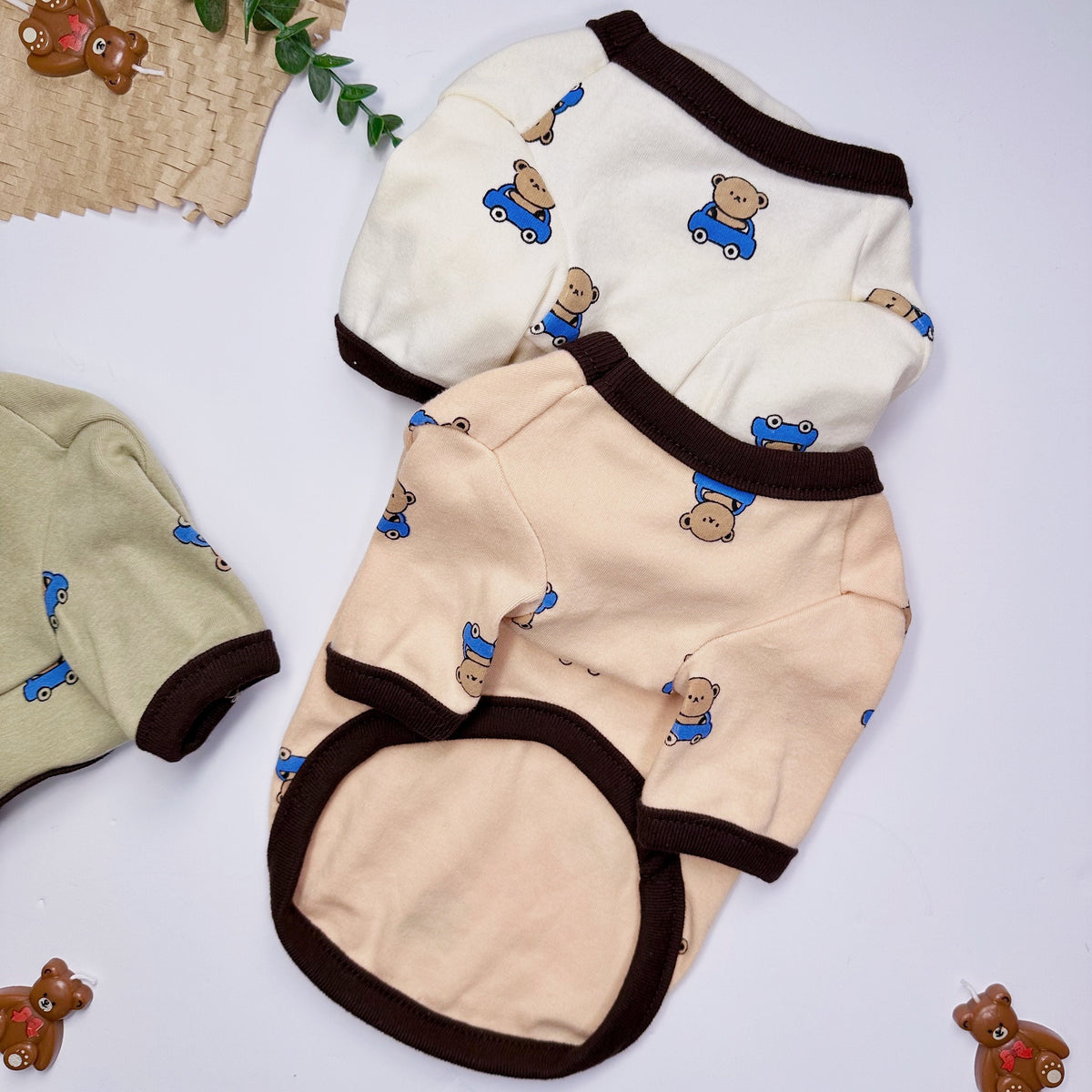 NKpup Teddy Bear Brooch T-shirts for dogs in cream, peach, and sage green with bear patterns