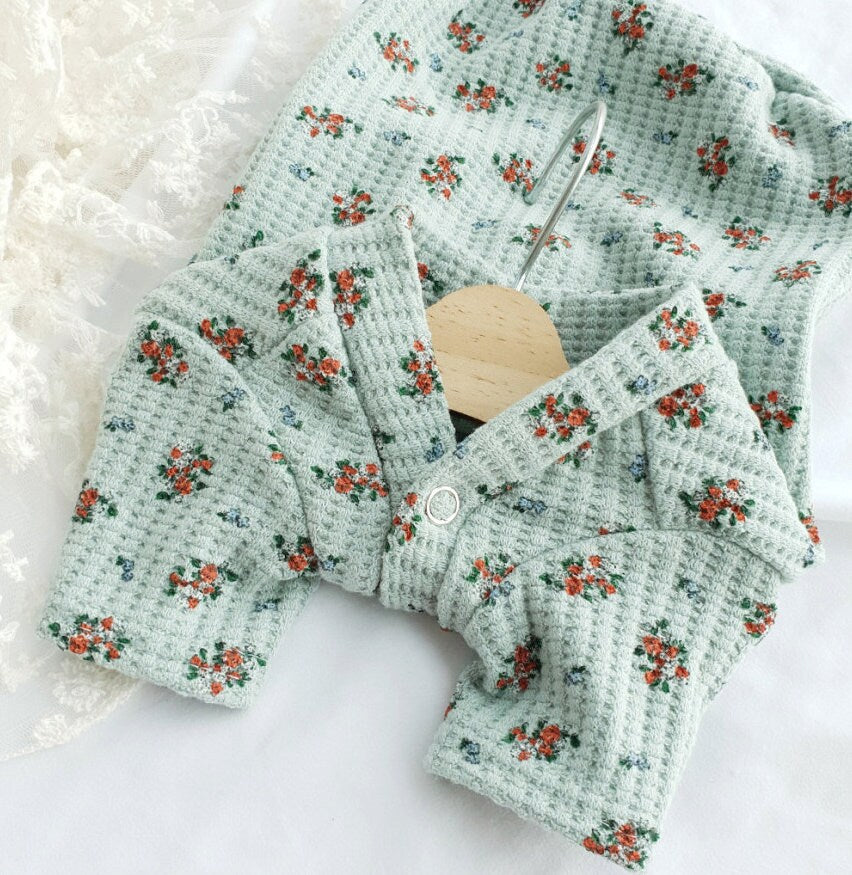 NKpup Floral Dog Cardigan in light green with small orange flower patterns