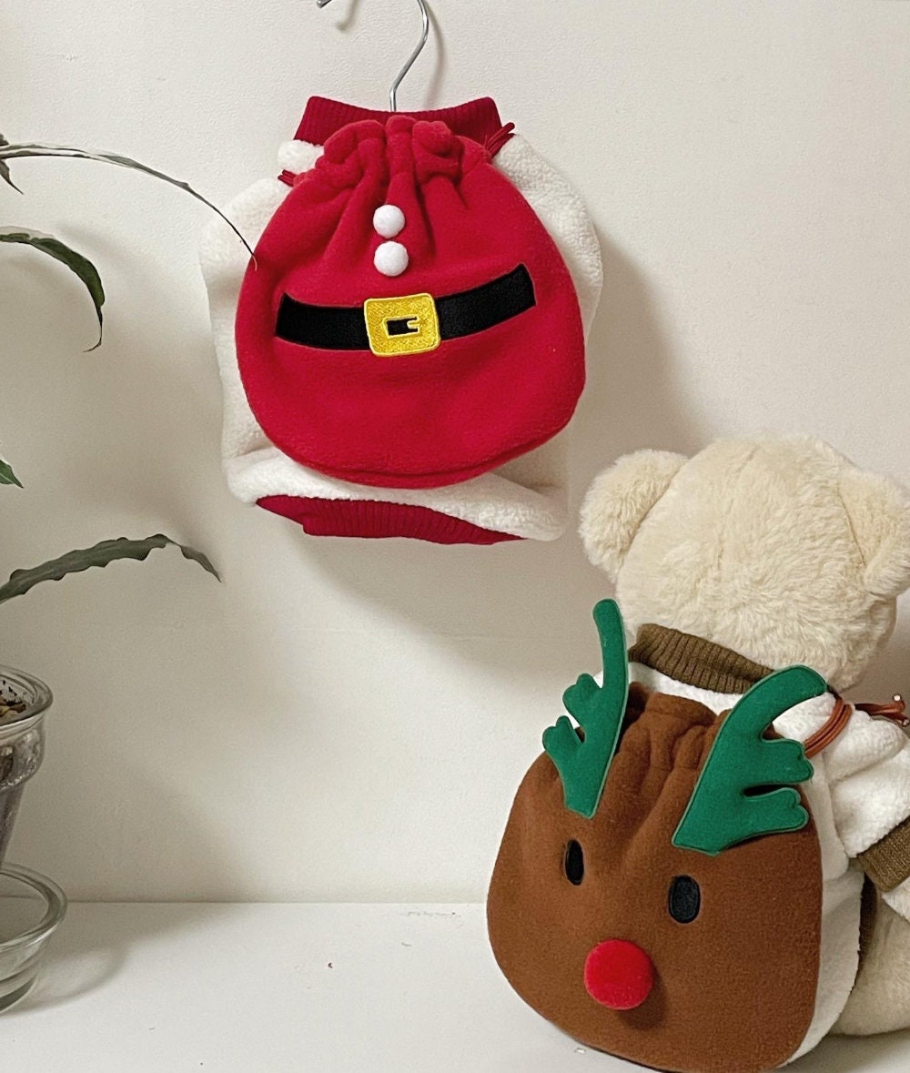 Christmas Santa and Rudolph themed pet sweatshirt set in red and brown fleece.