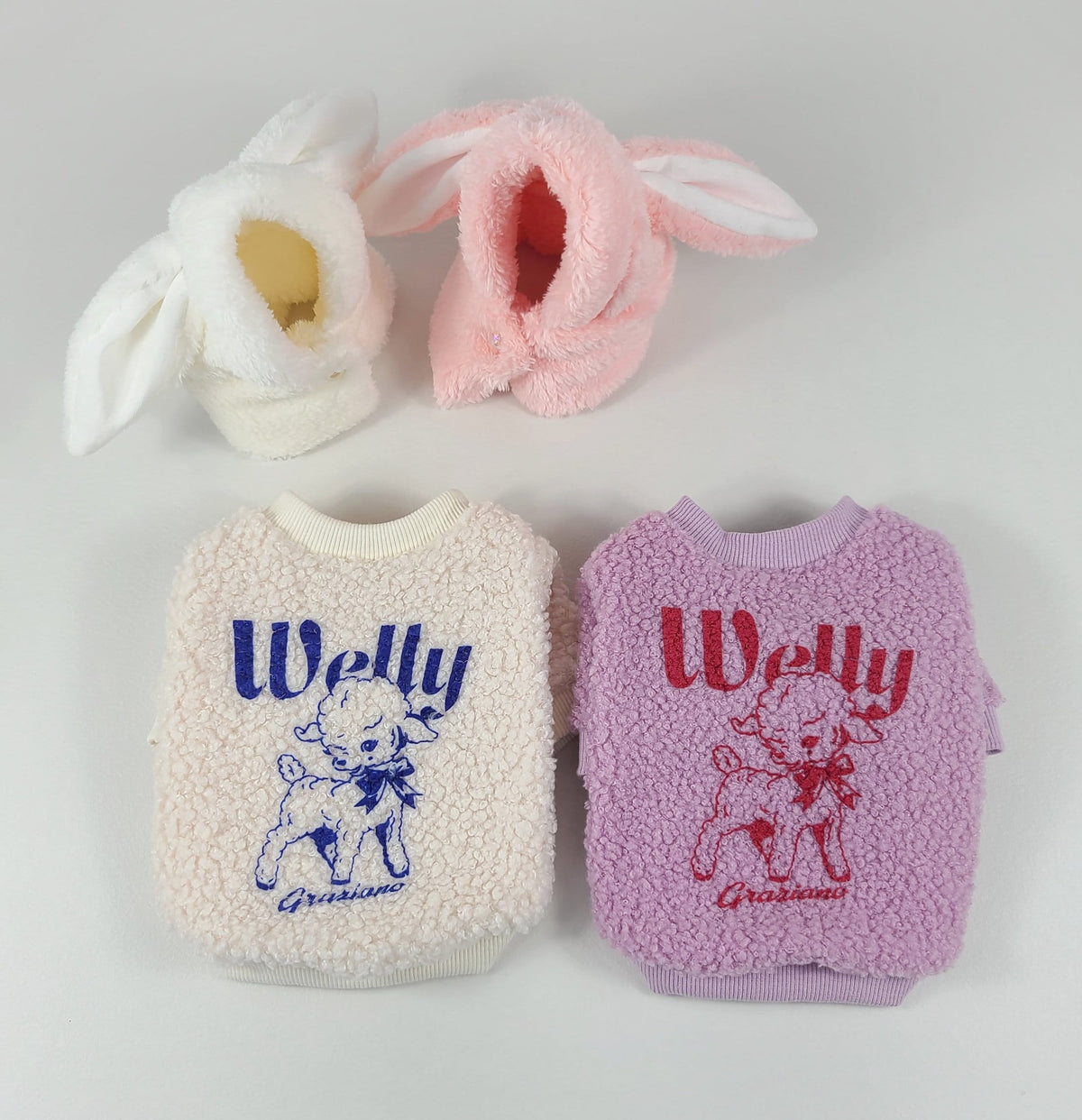 NKpup Welly Fleece Dog Sweatshirts in cream and lavender with sheep embroidery