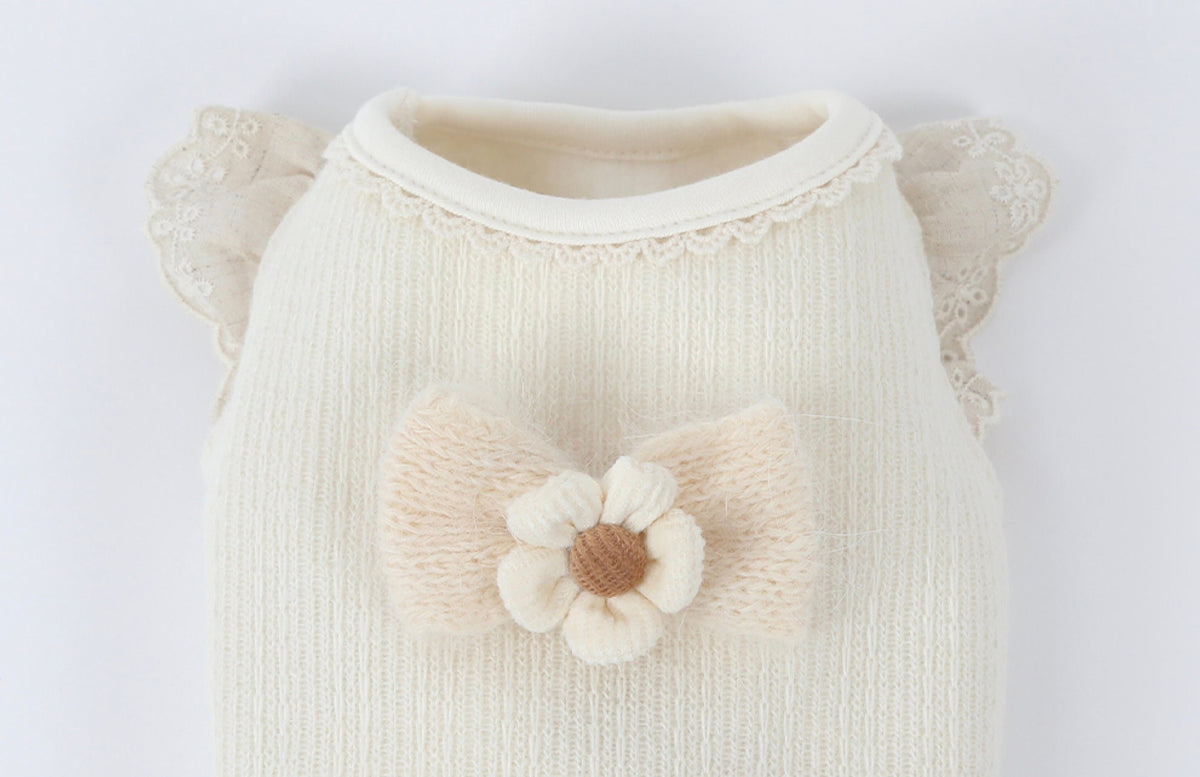 NKpup Linen Lace Dress in cream with a large knit bow and flower detail